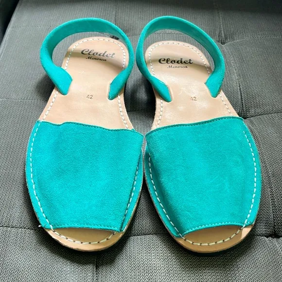 🇪🇸 New Handmade Clodet suede leather sandals Spain aqua blue open toe slingback