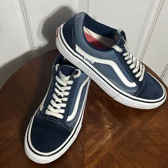 🔥🔥 Vans Old Skool Skate Pro Shoes Low Top Navy Blue White Men US Size 8 - EUC