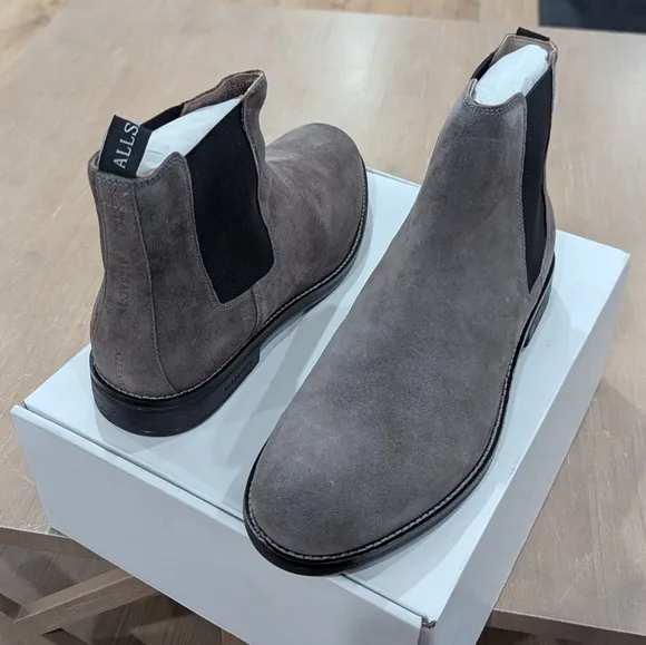 $299 Mens ALLSAINTS &quot;Harley&quot; Suede Chelsea Boots Gray