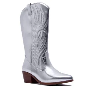 7.5 Qupid Shoes Montana-73 Metallic Silver Heeled Festival Cowboy Boot