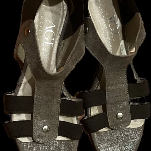 AGL Gladiator Sandals Slip On Metallic Bronze Stretchy Strap Comfy‎ Shoes 37.5