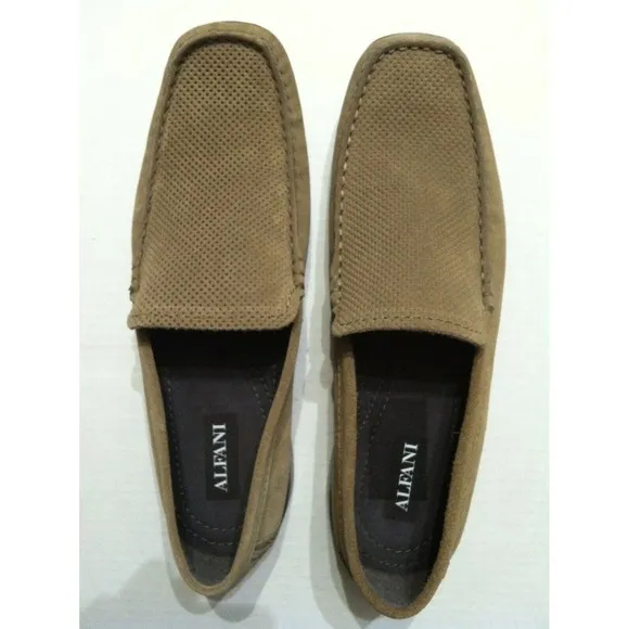 ALFANI MENS NEW TAN LEATHER LOAFER DRIVERS SLIP ON CASUAL SHOES SIZE: 10 M