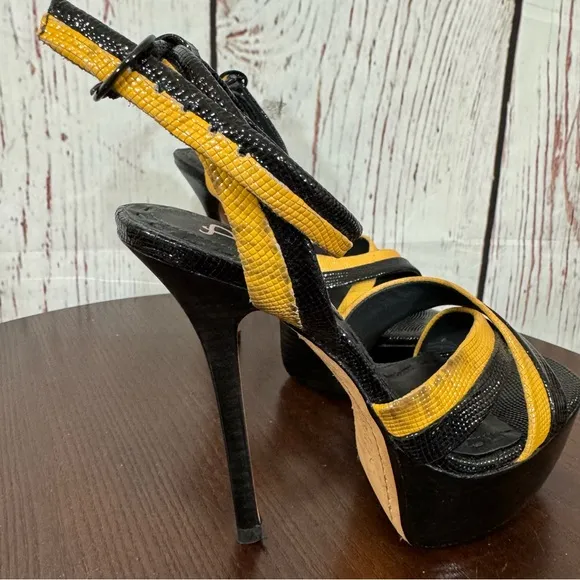 Alice &amp; Olivia Lizabeth Black &amp; Yellow patent leather Ankle Strap Platforms 6.5