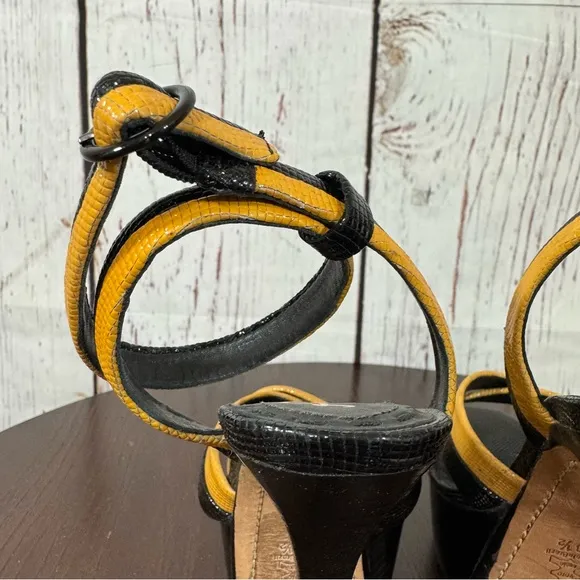 Alice &amp; Olivia Lizabeth Black &amp; Yellow patent leather Ankle Strap Platforms 6.5