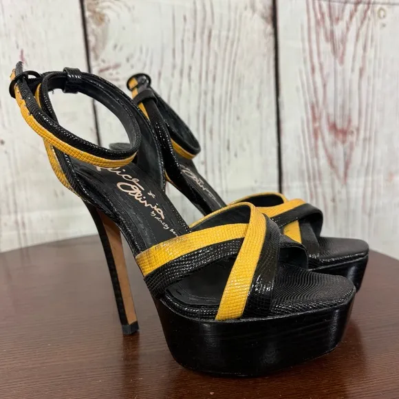 Alice &amp; Olivia Lizabeth Black &amp; Yellow patent leather Ankle Strap Platforms 6.5
