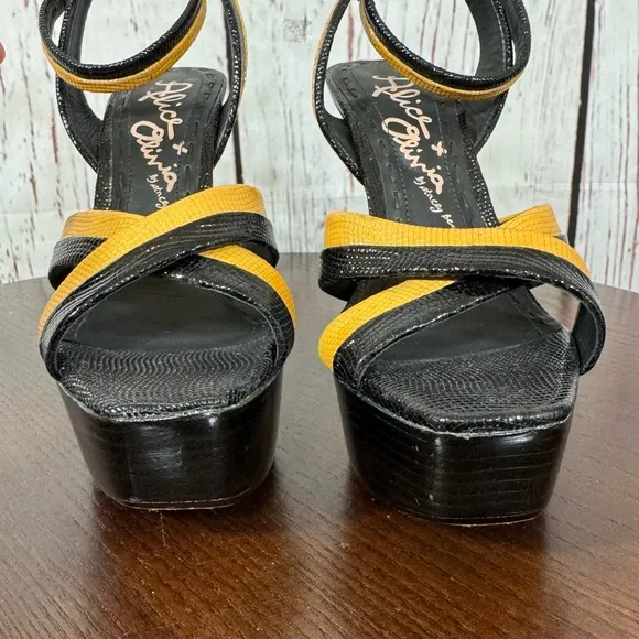 Alice &amp; Olivia Lizabeth Black &amp; Yellow patent leather Ankle Strap Platforms 6.5