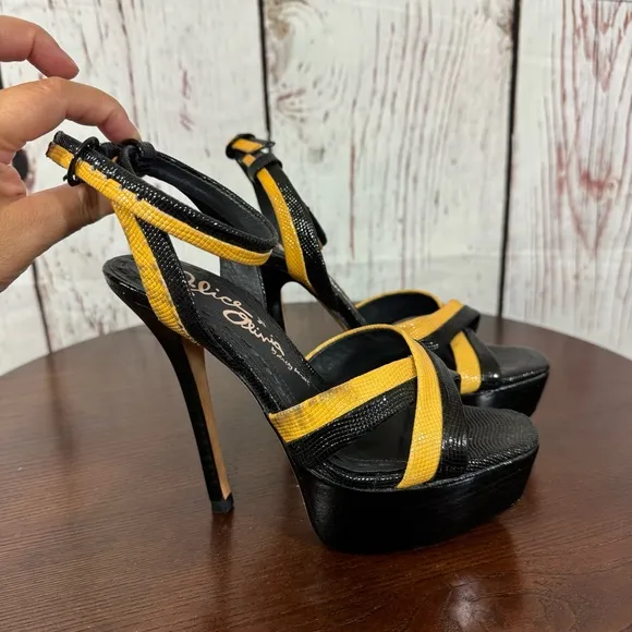 Alice &amp; Olivia Lizabeth Black &amp; Yellow patent leather Ankle Strap Platforms 6.5