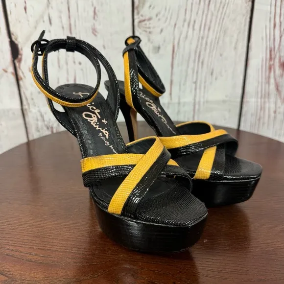 Alice &amp; Olivia Lizabeth Black &amp; Yellow patent leather Ankle Strap Platforms 6.5
