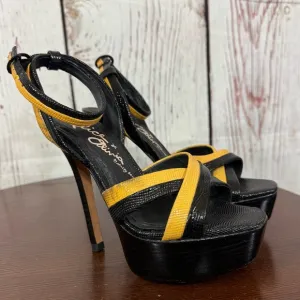Alice &amp; Olivia Lizabeth Black &amp; Yellow patent leather Ankle Strap Platforms 6.5