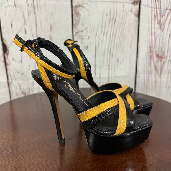 Alice &amp; Olivia Lizabeth Black &amp; Yellow patent leather Ankle Strap Platforms 6.5