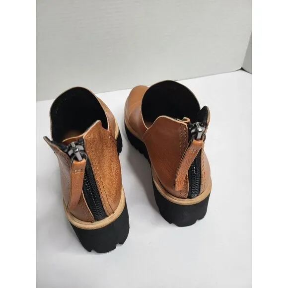 All Black Womens Tan Leather Chunky Platform Booties Ankle Comfort Shoes Size 6
