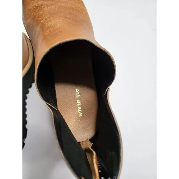All Black Womens Tan Leather Chunky Platform Booties Ankle Comfort Shoes Size 6