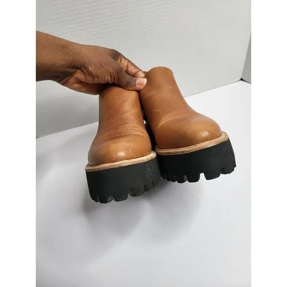 All Black Womens Tan Leather Chunky Platform Booties Ankle Comfort Shoes Size 6