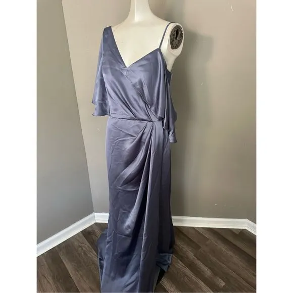 Amsale Asymmetric Ruffle Sleeve Gown