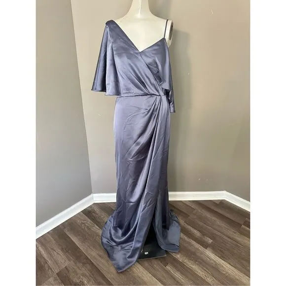 Amsale Asymmetric Ruffle Sleeve Gown