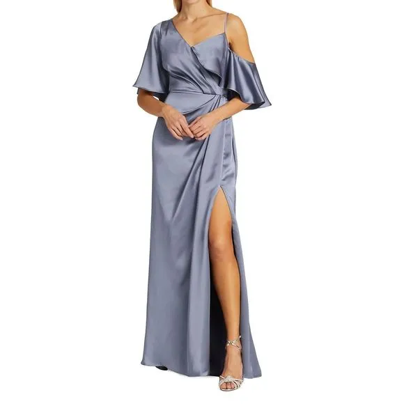 Amsale Asymmetric Ruffle Sleeve Gown