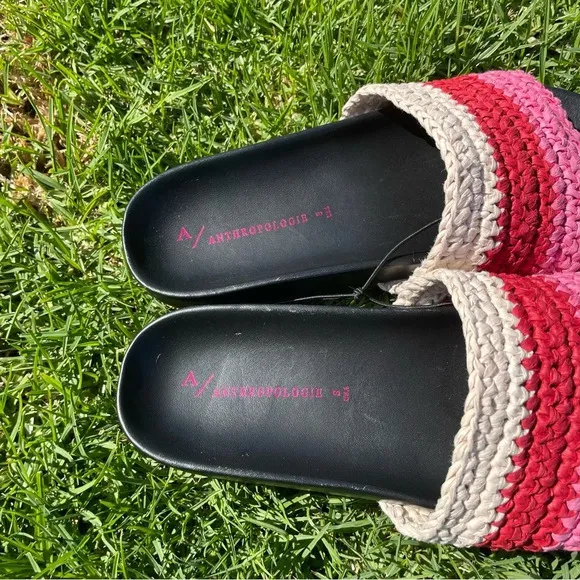 Anthropologie Amira Leather Woven Raffia Multicolor Slide Sandals Size 8