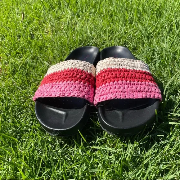 Anthropologie Amira Leather Woven Raffia Multicolor Slide Sandals Size 8