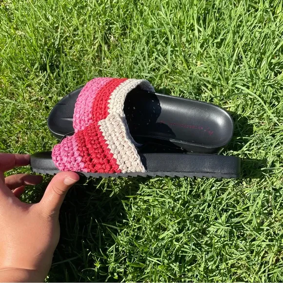 Anthropologie Amira Leather Woven Raffia Multicolor Slide Sandals Size 8