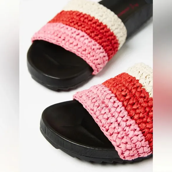 Anthropologie Amira Leather Woven Raffia Multicolor Slide Sandals Size 8