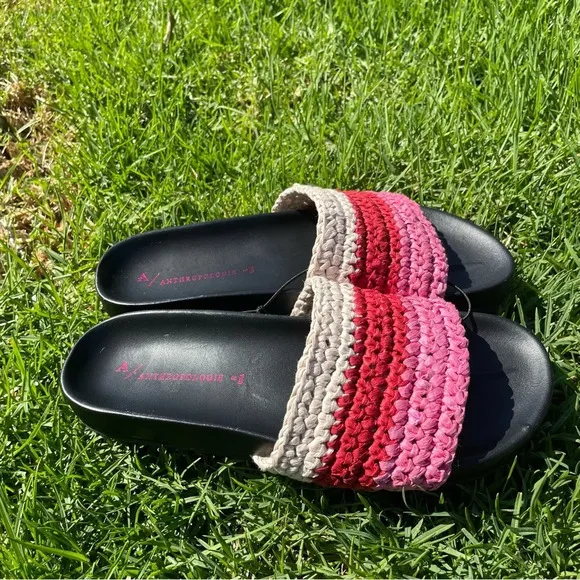 Anthropologie Amira Leather Woven Raffia Multicolor Slide Sandals Size 8
