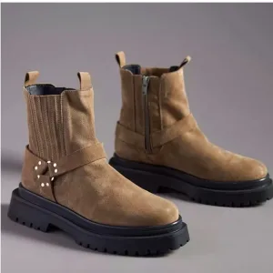 Anthropologie PILCRO NEW Ankle Moto Boots Taupe Suede Leather Size 41 US 10