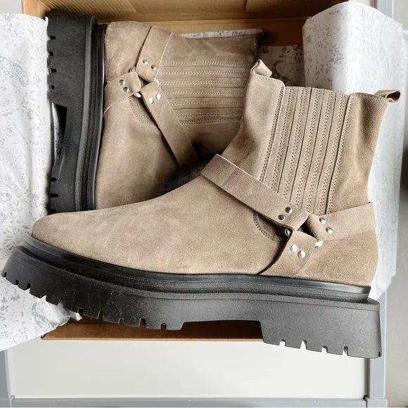 Anthropologie PILCRO NEW Ankle Moto Boots Taupe Suede Leather Size 41 US 10