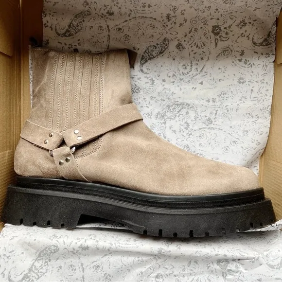 Anthropologie PILCRO NEW Ankle Moto Boots Taupe Suede Leather Size 41 US 10