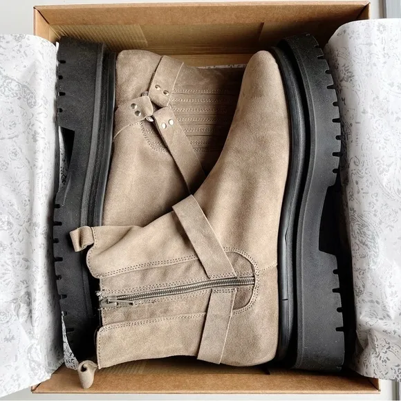 Anthropologie PILCRO NEW Ankle Moto Boots Taupe Suede Leather Size 41 US 10