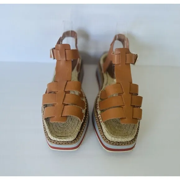 Anthropologie Women Sporty Platform Leather Tan Espadrille Sandals Shoes Size 40