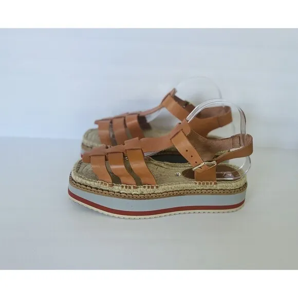 Anthropologie Women Sporty Platform Leather Tan Espadrille Sandals Shoes Size 40