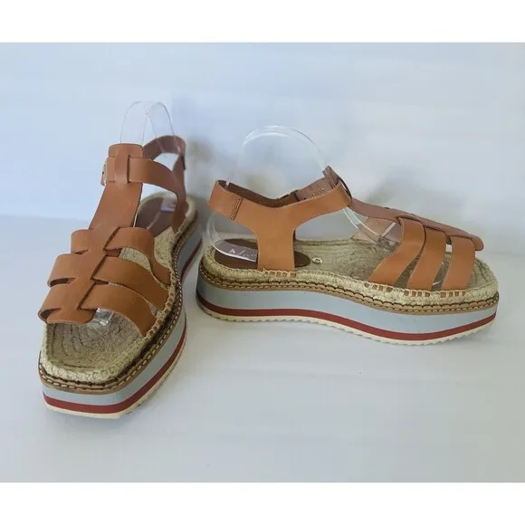 Anthropologie Women Sporty Platform Leather Tan Espadrille Sandals Shoes Size 40