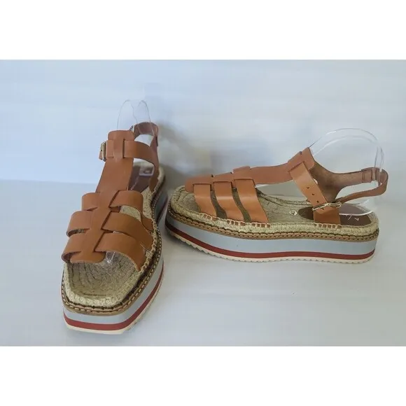 Anthropologie Women Sporty Platform Leather Tan Espadrille Sandals Shoes Size 40
