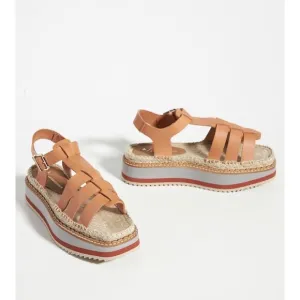 Anthropologie Women Sporty Platform Leather Tan Espadrille Sandals Shoes Size 40
