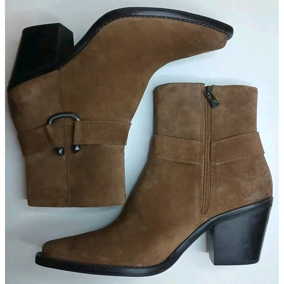 Antonio Melani Boots Sz 8.5 Brown Suede Leather Western Pointed Toe Bootie Heels