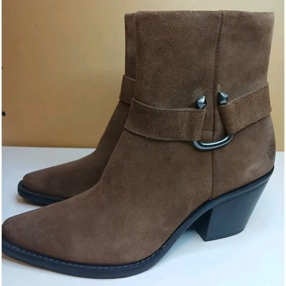 Antonio Melani Boots Sz 8.5 Brown Suede Leather Western Pointed Toe Bootie Heels