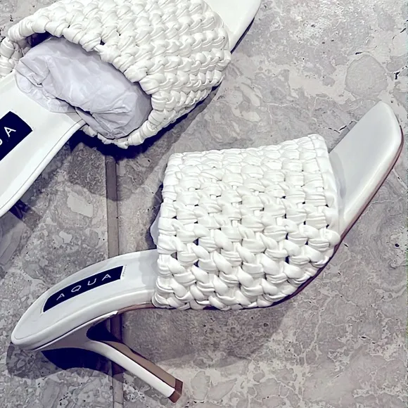 Aqua Padded Woven Katy Square Toe Stiletto Heeled Sandals in White, Size 10 NEW