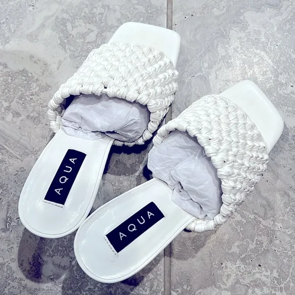 Aqua Padded Woven Katy Square Toe Stiletto Heeled Sandals in White, Size 10 NEW