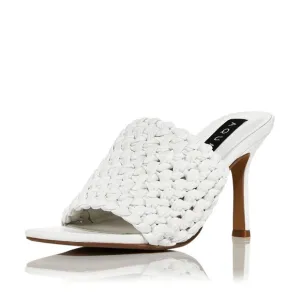 Aqua Padded Woven Katy Square Toe Stiletto Heeled Sandals in White, Size 10 NEW