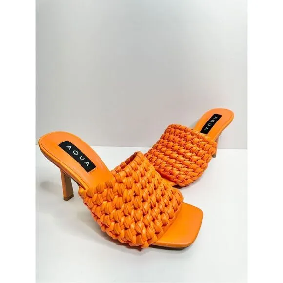 AQUA Woven Sandals Size 6 Orange High Heel Open Square Toe NEW