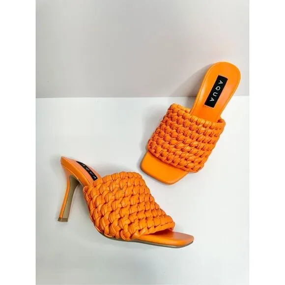 AQUA Woven Sandals Size 6 Orange High Heel Open Square Toe NEW