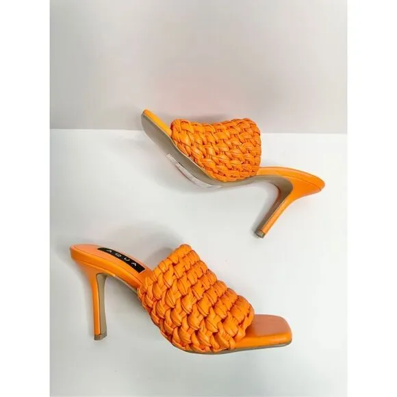 AQUA Woven Sandals Size 6 Orange High Heel Open Square Toe NEW