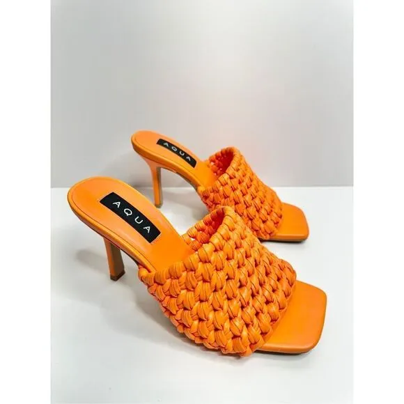 AQUA Woven Sandals Size 6 Orange High Heel Open Square Toe NEW