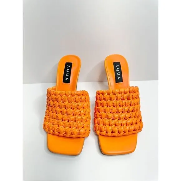 AQUA Woven Sandals Size 6 Orange High Heel Open Square Toe NEW
