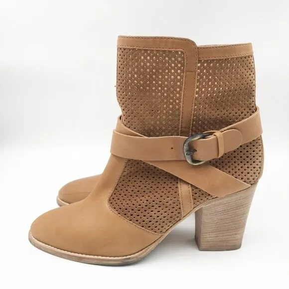 AQUATALIA Fawn Western Tan Leather Heeled Mid Calf Harness Buckle Boots Women 10