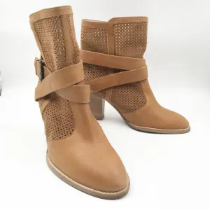 AQUATALIA Fawn Western Tan Leather Heeled Mid Calf Harness Buckle Boots Women 10