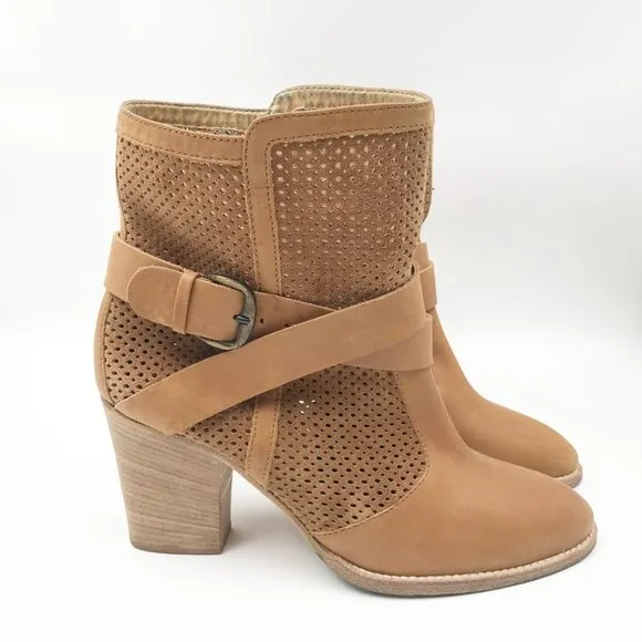 AQUATALIA Fawn Western Tan Leather Heeled Mid Calf Harness Buckle Boots Women 10