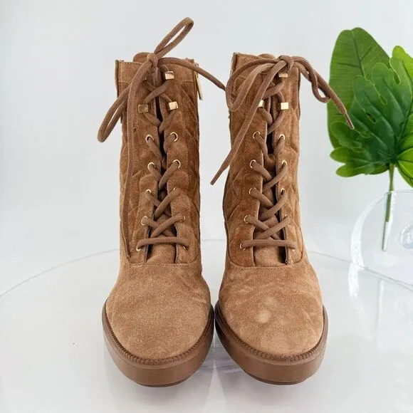 Aquatalia Iole Quilted Suede Lace-Up Booties Women 10.5 Brown Weatherproof Boots