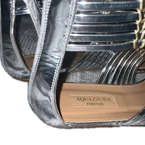 Aquazzura Leather Ravello Key Ring Silver Tone Gladiator Sandals, 37.5 (U.S. 7)