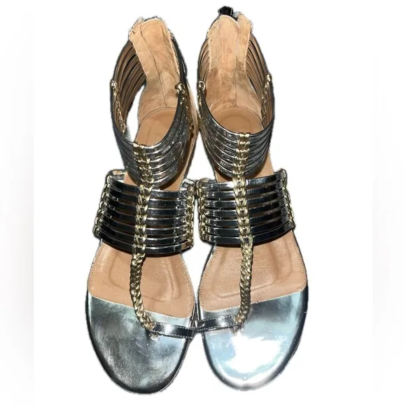 Aquazzura Leather Ravello Key Ring Silver Tone Gladiator Sandals, 37.5 (U.S. 7)